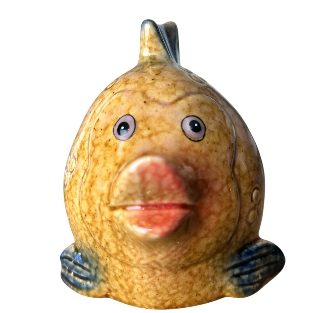 Vintage 70s glazed stoneware fish coin bank, Ceramic Art Cute Collectible RARE